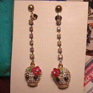 Betsy Johnson Sugar Skull Head dangle clip earrings.